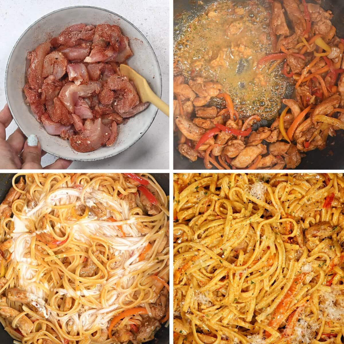 Four images show a sequence: raw seasoned chicken in a bowl, chicken and bell peppers cooking, cooked pasta added to the pan with cream, and the final creamy pasta dish mixed together.