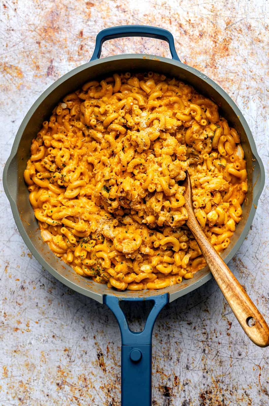 overhead photo of a pan of crab mac and cheese