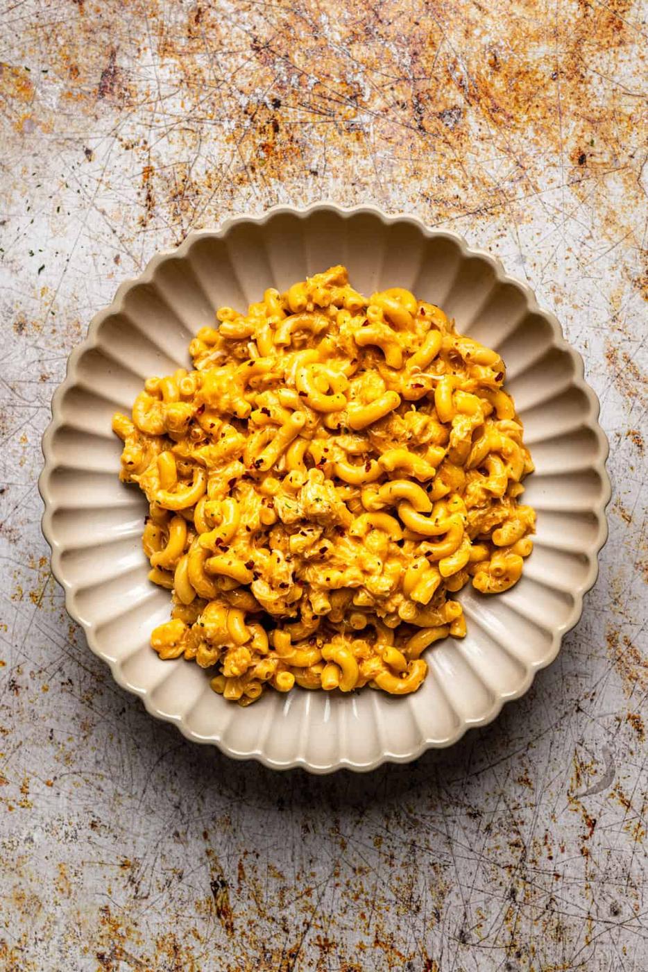 Crab macaroni and cheese served in a bowl