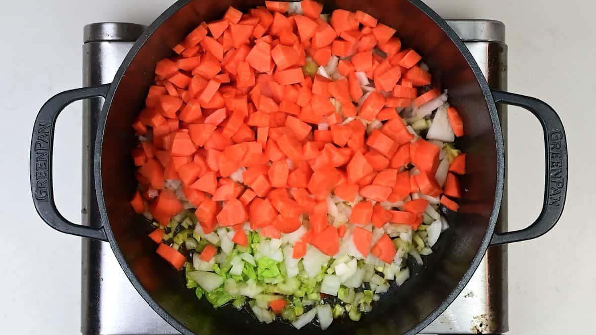 Carrots, onions and celery in large pot