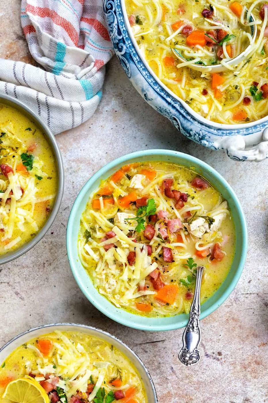 Bowl of Crack chicken soup with a soup tureen on the side