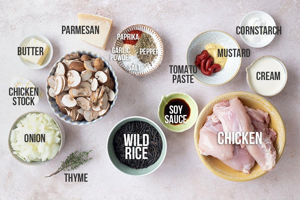 ingredients for chicken wild rice soup, labelled