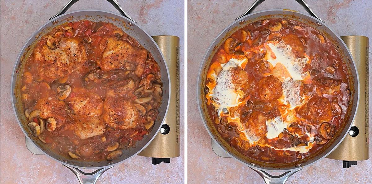 Side-by-side images of a skillet with chicken, mushrooms, peppers simmering in stock. The left shows the dish before cream is added; the right shows cream swirled into the sauce, creating a richer color and texture.