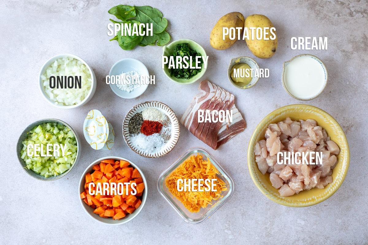 ingredients for chicken potato soup, labelled