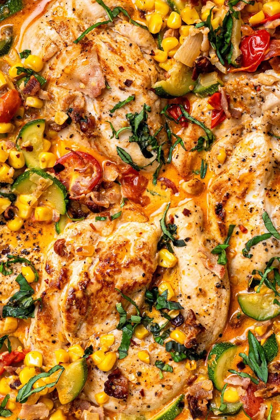 Creamy Skillet Chicken with Corn, Zucchini and Tomatoes