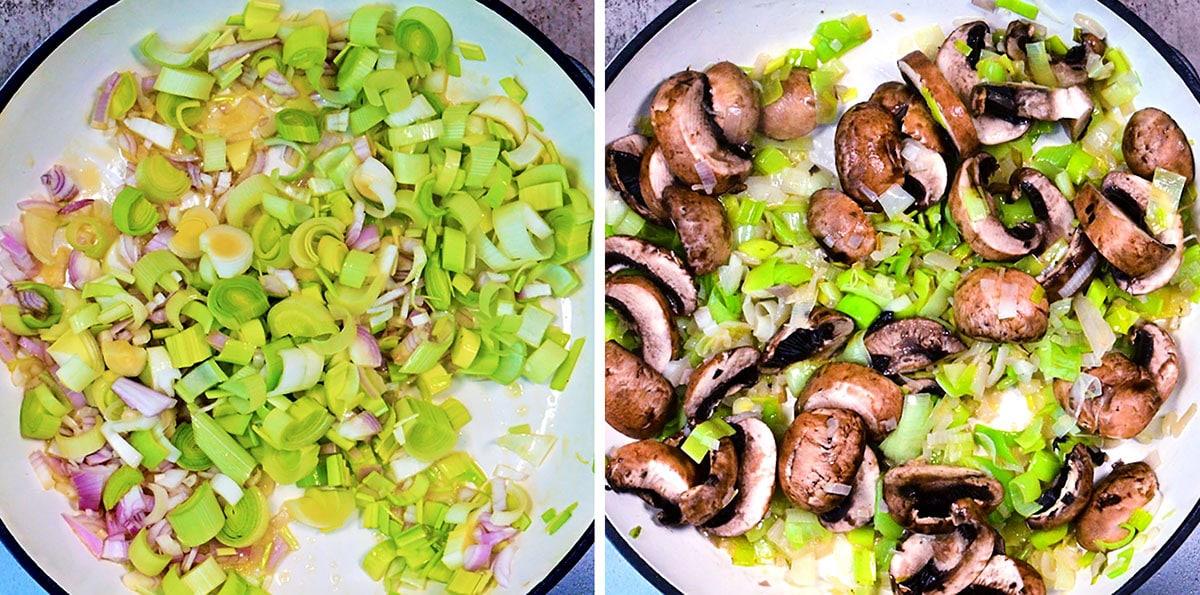 A split image shows a skillet with chopped leeks and shallots on the left, and the same skillet with added sliced mushrooms on the right, all being sautéed.