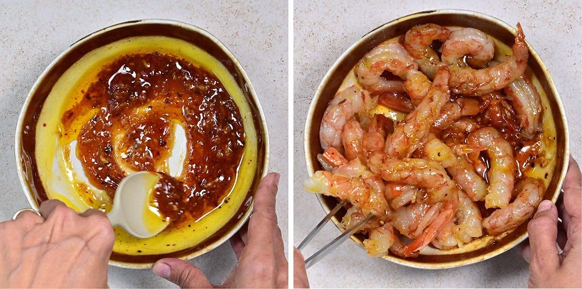 Two images side by side: On the left, a hand mixes a reddish marinade in a bowl. On the right, peeled raw shrimp are being stirred into the marinade with a spoon.