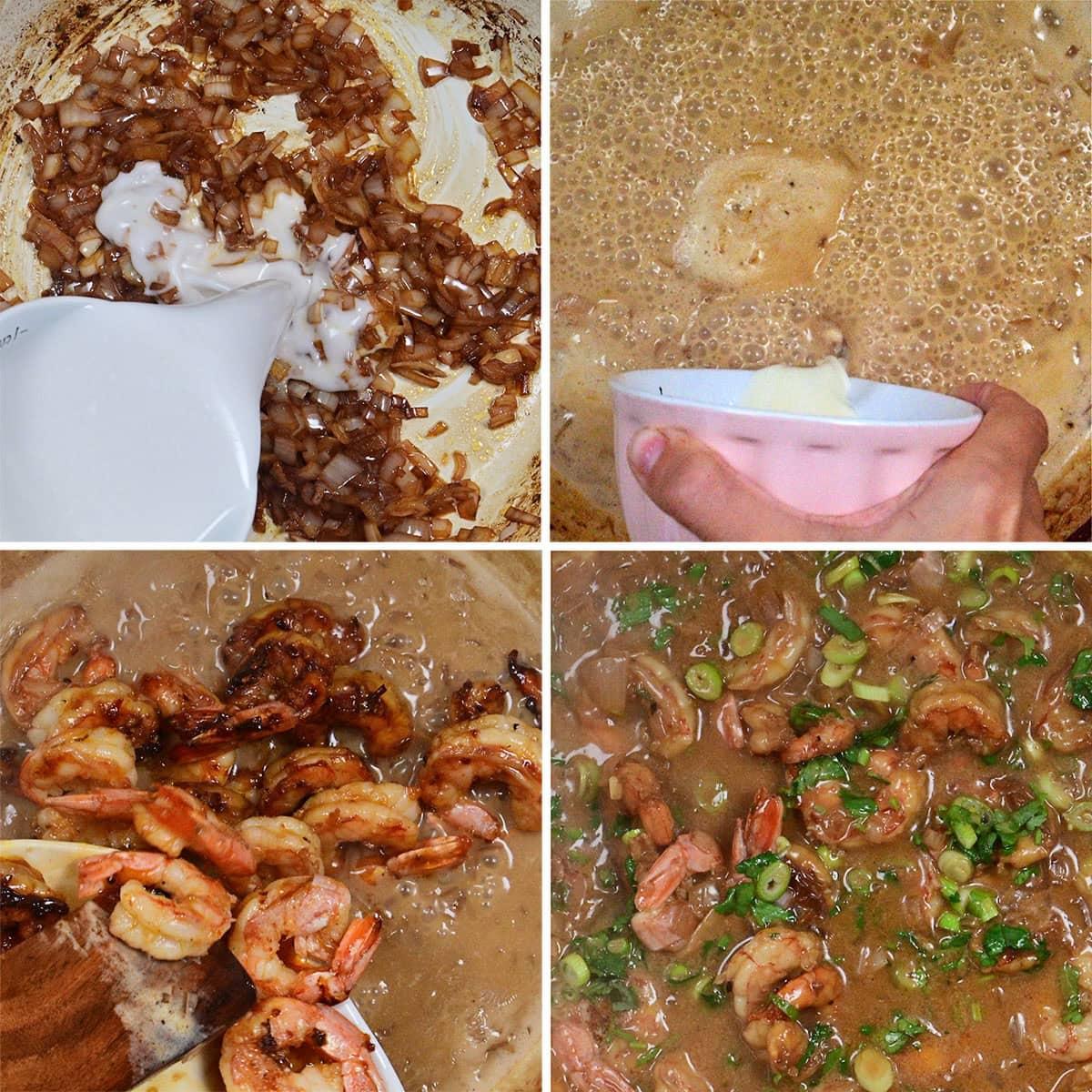 A four-panel collage shows: sautéed onions with liquid being poured in, a bubbling brown sauce, cooked shrimp being added to the sauce, and the finished shrimp dish with chopped green onions.