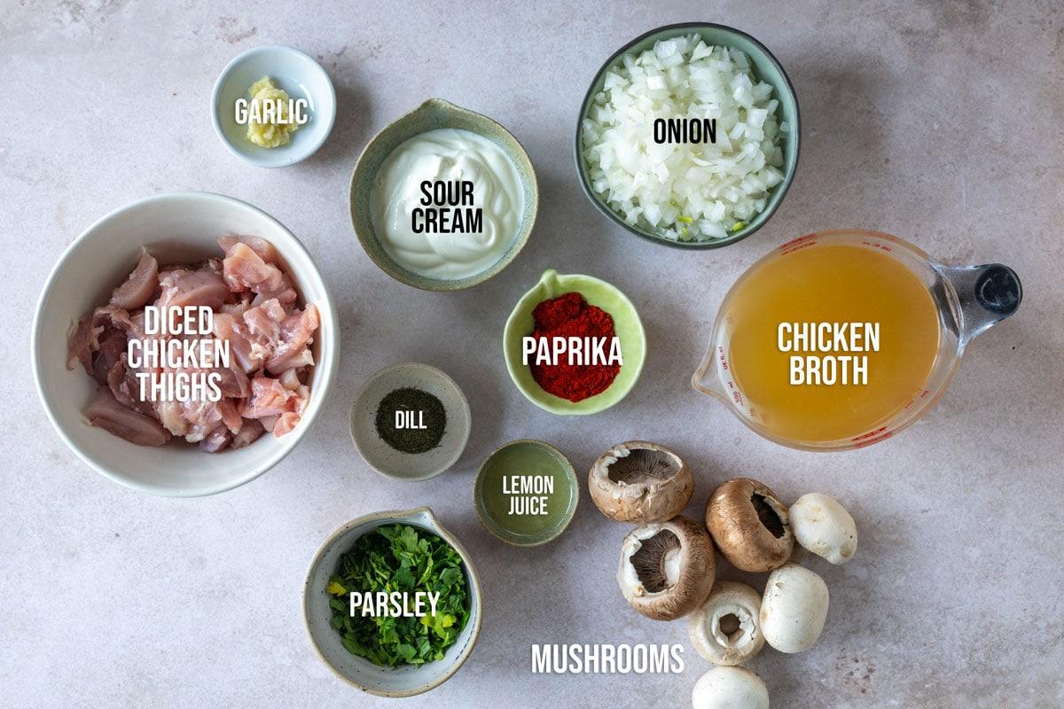 Ingredients for a recipe are arranged on a light-textured surface: diced chicken thighs, garlic, sour cream, chopped onion, paprika, chicken broth, dill, lemon juice, parsley, and whole mushrooms.