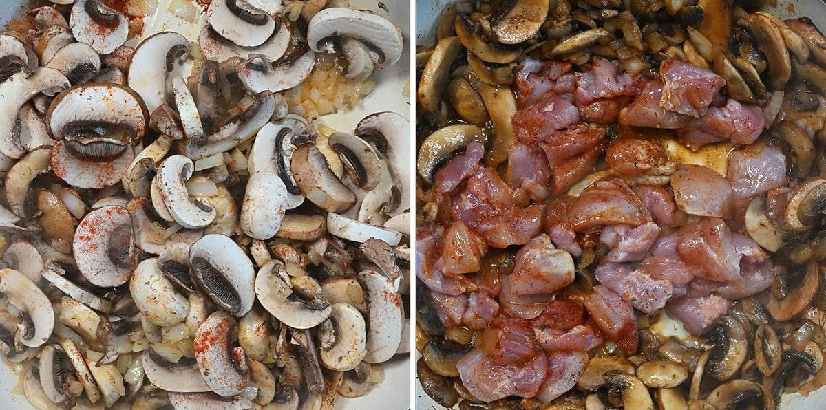 On the left, sliced mushrooms and onions are seasoned with paprika in a pan. On the right, the same mix is shown with added chunks of raw chicken, cooking together.