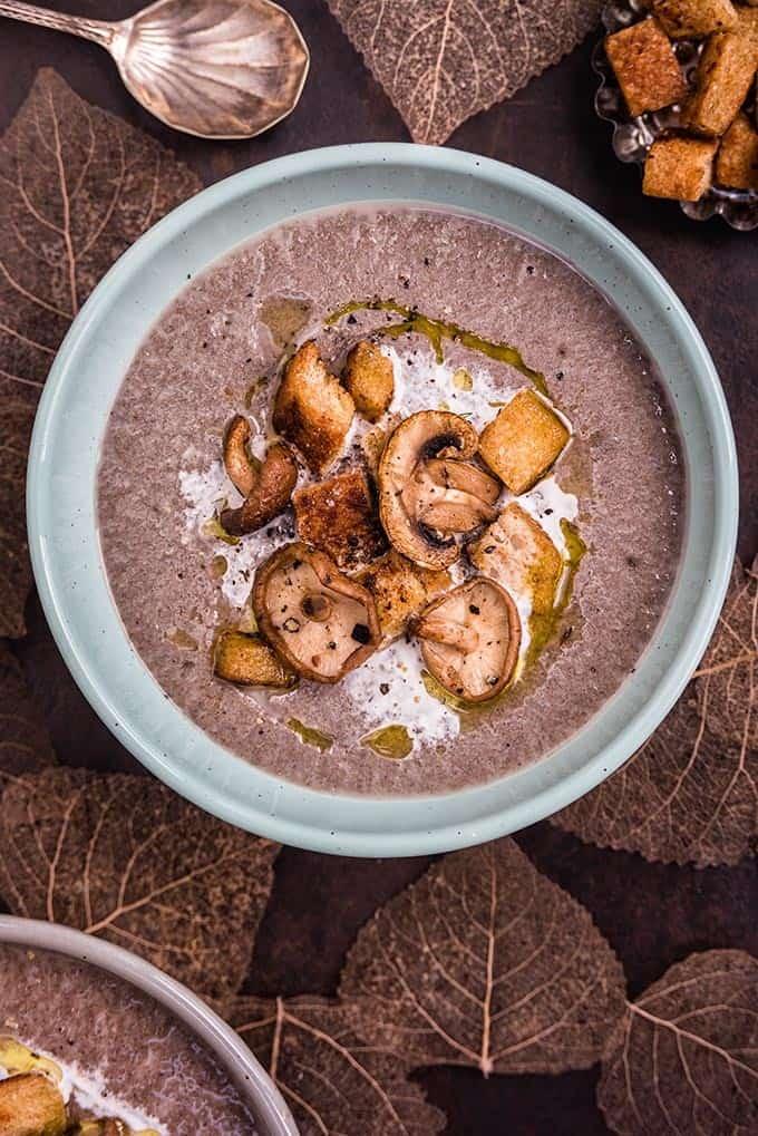 Creamy mushroom soup with garlic croutons