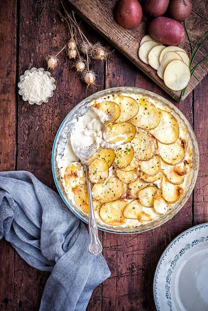 Creamy scalloped potatoes with Parmesan and bacon