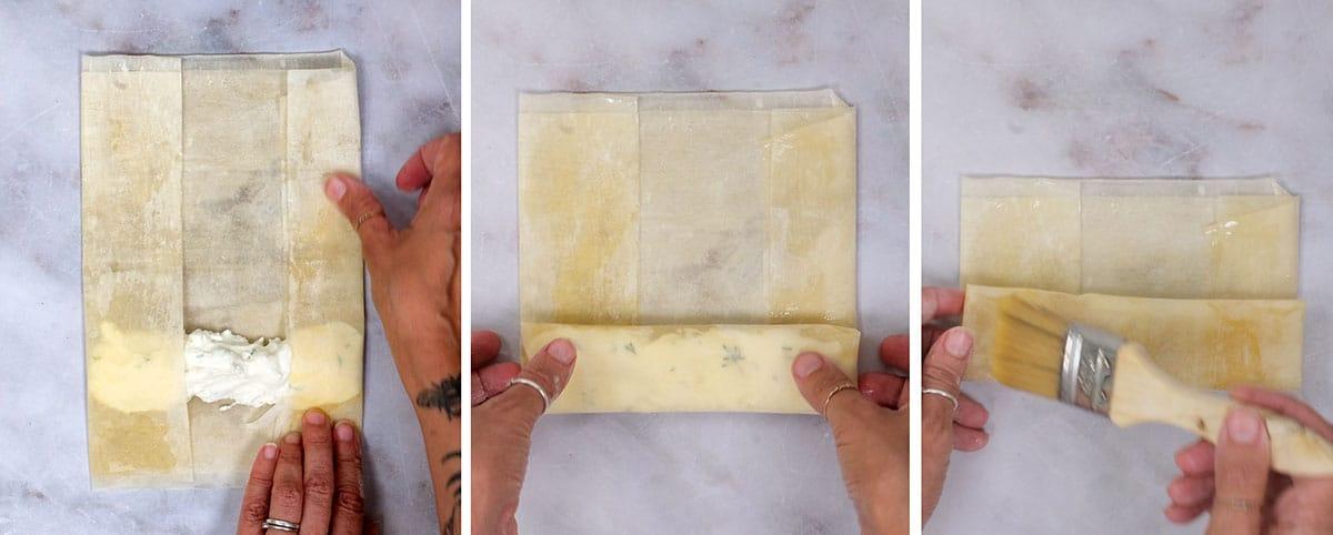 collage showing how to make feta rolls with phyllo pastry