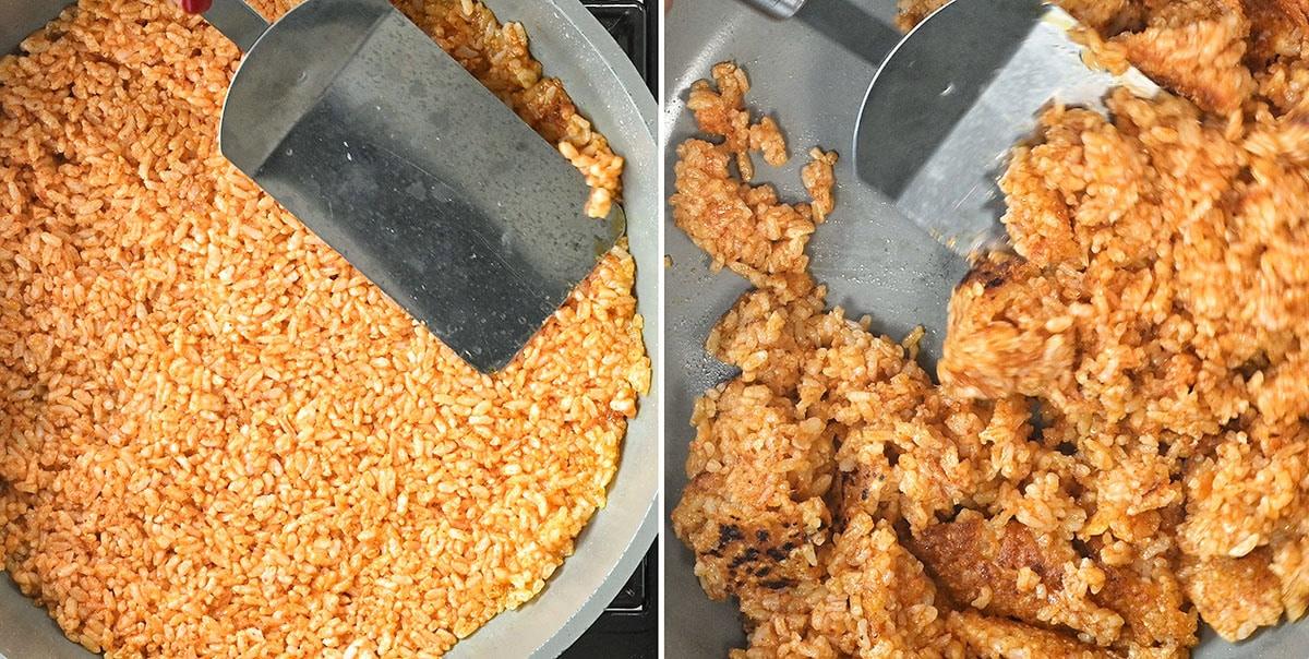 A close-up of a pan with orange-colored rice being pressed and then stirred with a spatula, showing crispy, browned rice pieces forming on the right side.