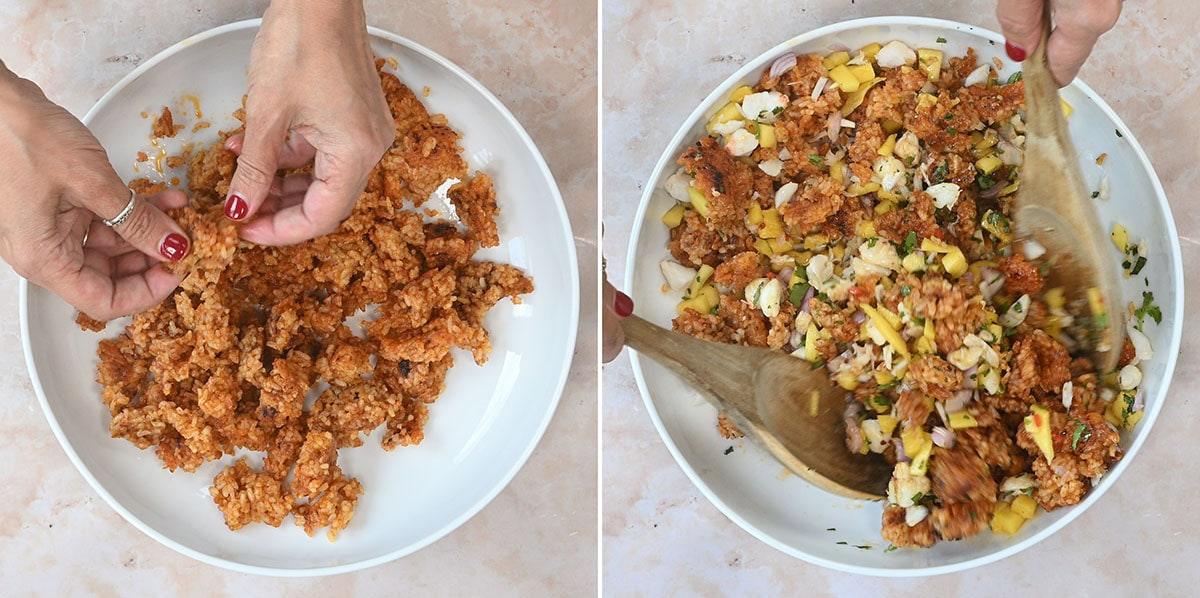 Split image: Left shows hands crumbling cooked rice mixture on a white plate. Right shows hands mixing rice with chopped vegetables and herbs using a wooden spoon. The scene is set on a light-colored surface.