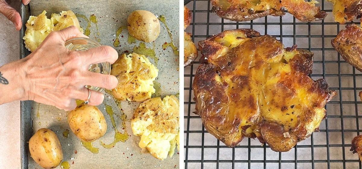 Left image: A hand smashing boiled potatoes on a baking sheet with a glass. Right image: Golden, crispy smashed potatoes cooling on a wire rack.