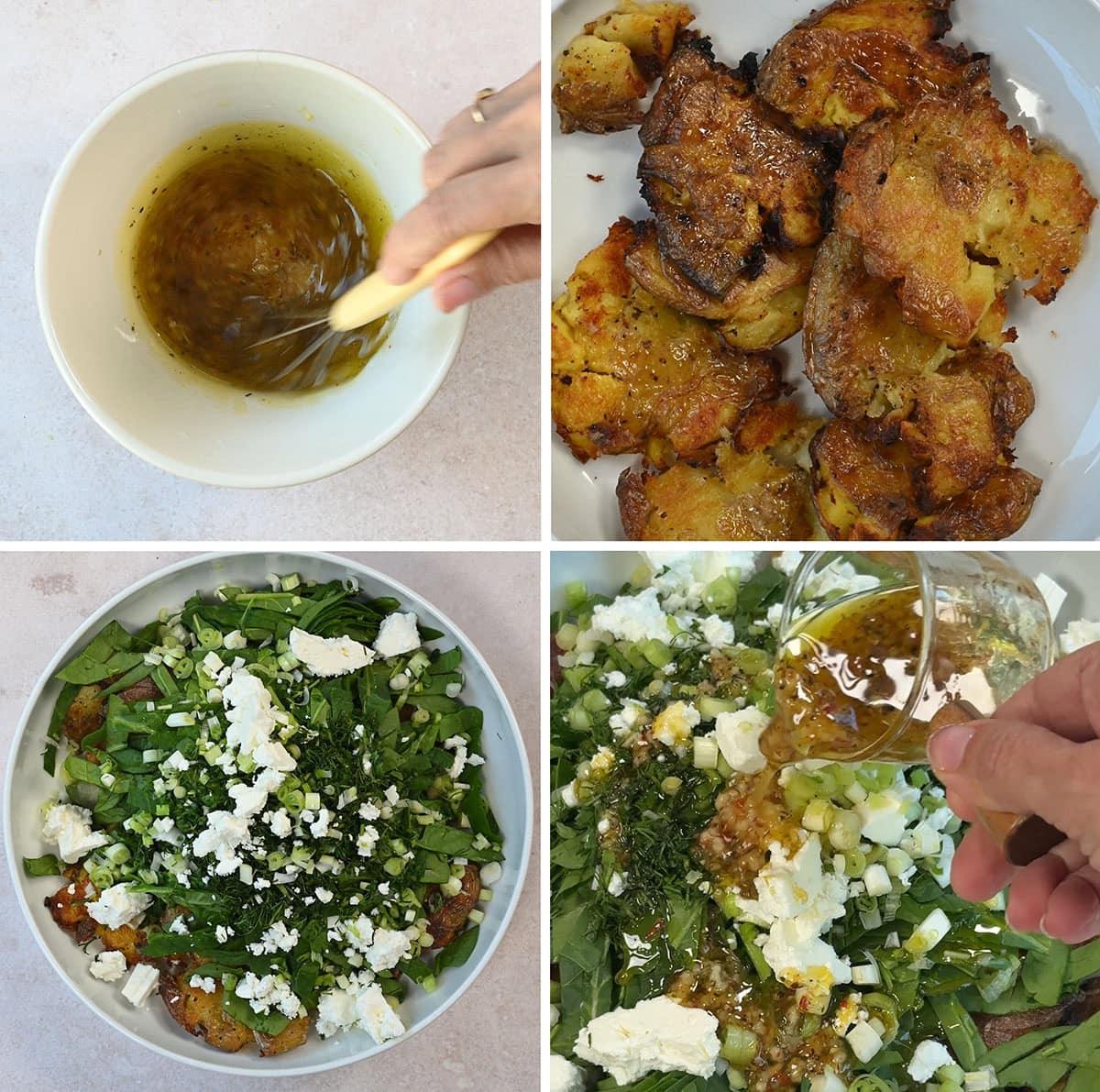 A four-part collage showing a salad preparation. Top left: dressing being mixed in a bowl. Top right: roasted smashed potatoes. Bottom left: salad with greens and feta. Bottom right: dressing being poured over the salad.