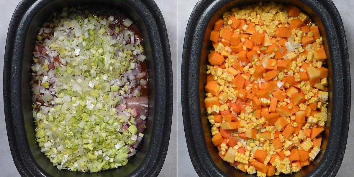 ingredients for chicken pie filling in a slow cooker collage