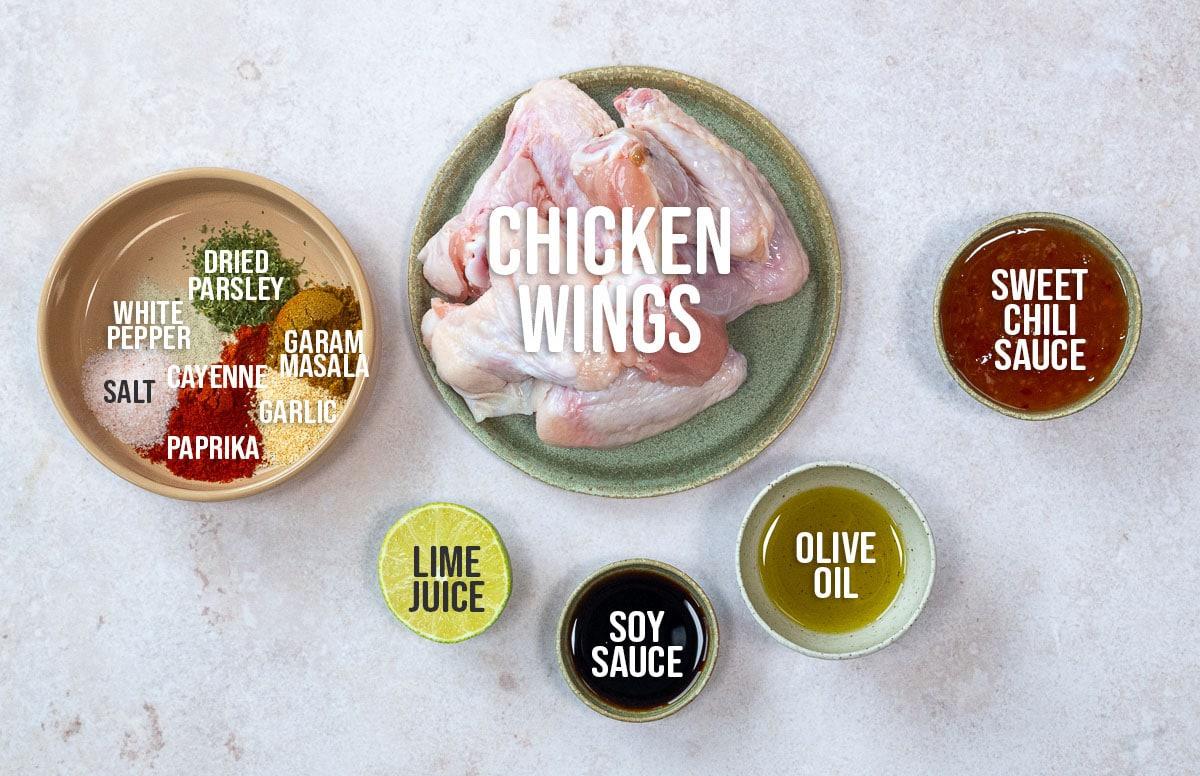 Ingredients for slow cooker chicken wings, labelled