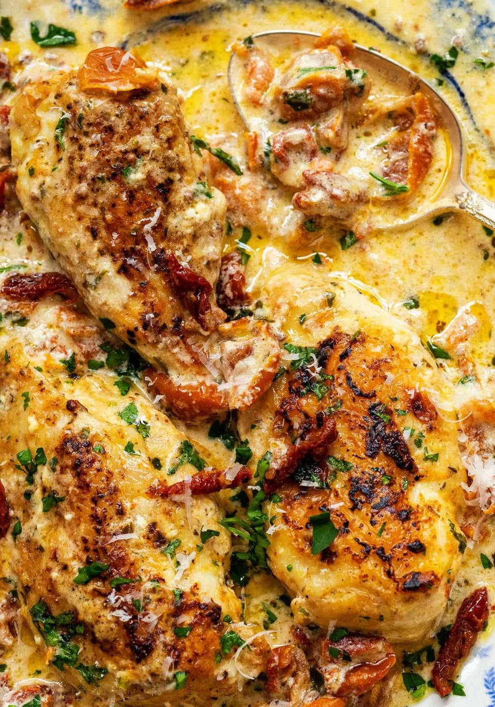 Close up on a dish of "Marry Me" chicken with creamy sun-dried tomato sauce