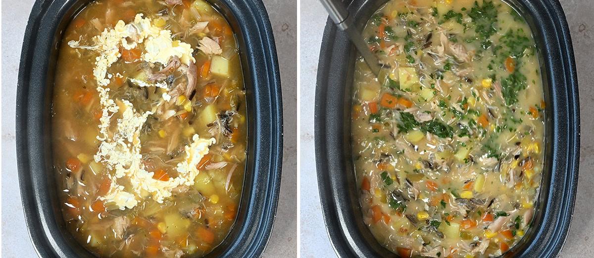 two photos showing creamy turkey soup with wild rice in a slow cooker