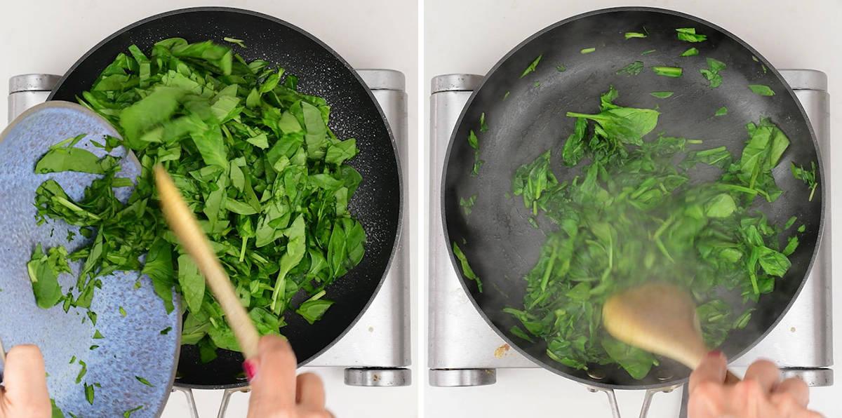 Two side-by-side images show fresh spinach being added to a black pan and then sautéed with a wooden spoon on a hob, wilting as it cooks—perfect prep for a slimming Spinach Quiche.