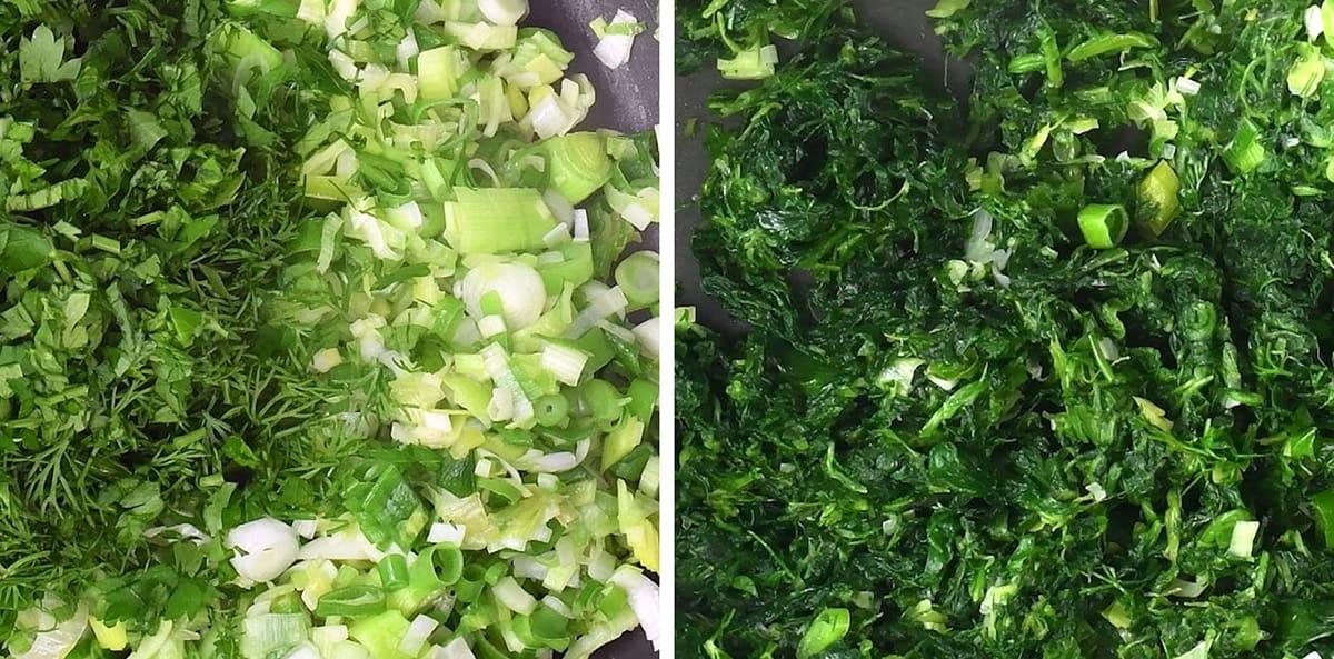 Left: Freshly chopped spring onions, dill, and herbs for our slimming Spinach Quiche. Right: The same mixture sautéed, now deeper green and cooked down to enhance the quiche’s flavour.