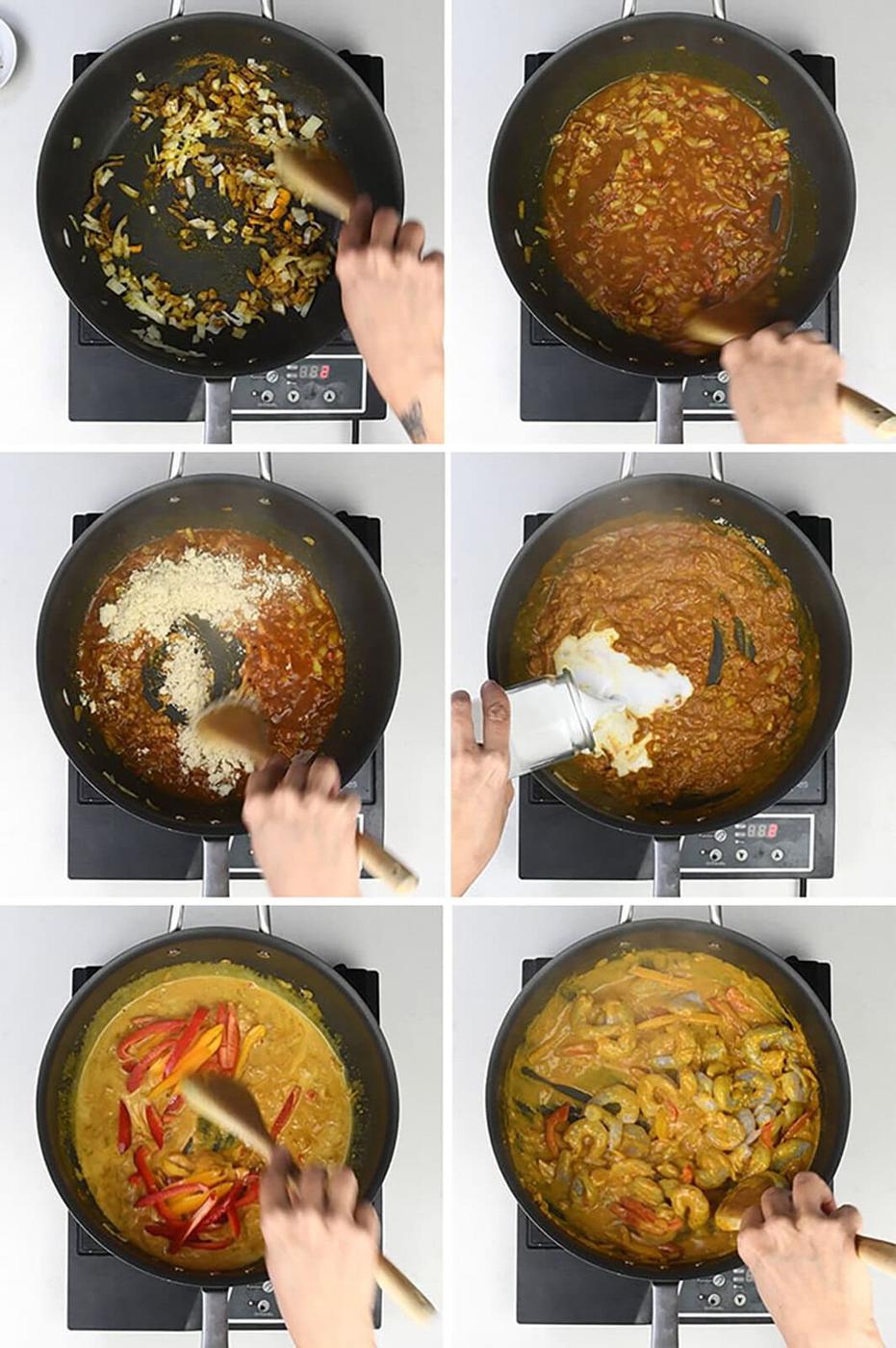 Six-panel collage showing hands cooking curry in a pan: sautéing onions, adding spices and sauce, stirring in rice, pouring in coconut milk, mixing in sliced red peppers, and simmering curried prawns with vegetables.
