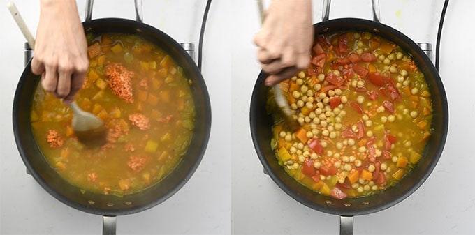 Side-by-side images of hands stirring ingredients into a pot of healthy soup; the left shows chopped vegetables and ground meat, while the right features chickpeas and diced tomatoes, similar to an Indian red lentil dal.