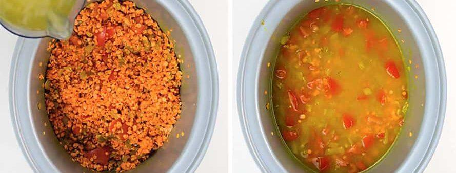 Two images of a slow cooker: the top shows healthy red lentil dal with dry lentils and chopped vegetables, while the bottom shows broth being poured in, mixing with the ingredients to create a hearty vegan soup base.