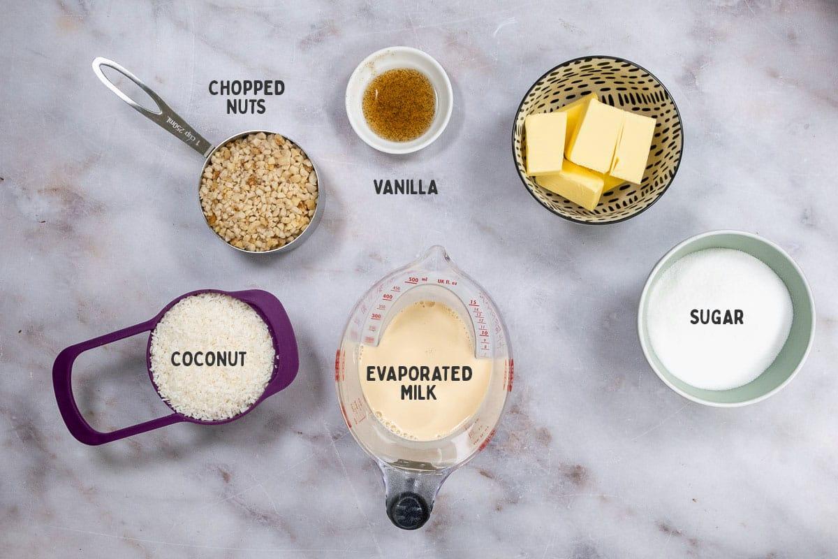 ingredients for the frosting on top of Do Nothing Cake with captions