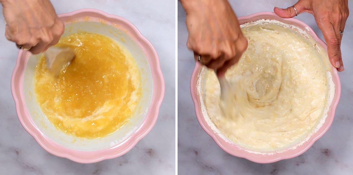 collage showing process shots for pineapple cake batter