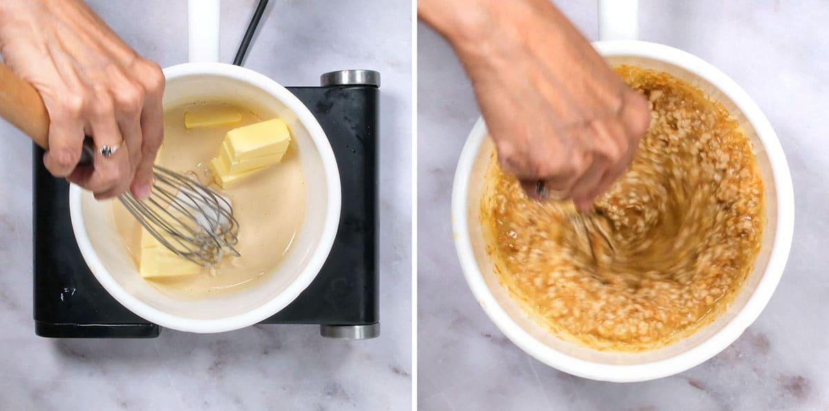 collage showing process shots for making frosting with evaporated milk