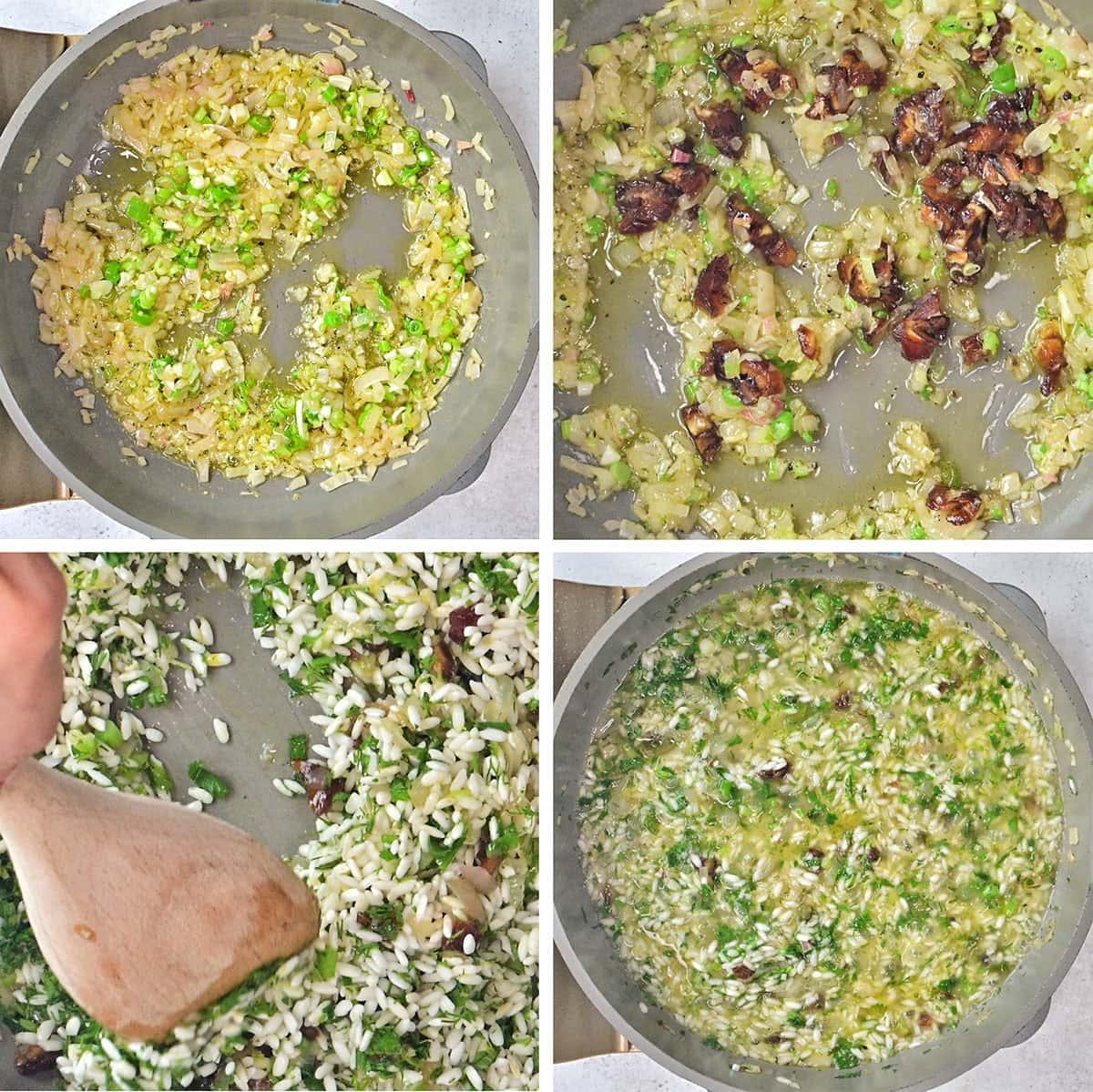 Four-step collage showing risotto being cooked: sautéed onions and celery in a pan, mushrooms added, rice mixed in with a wooden spoon, and the mixture simmering with broth and spinach.