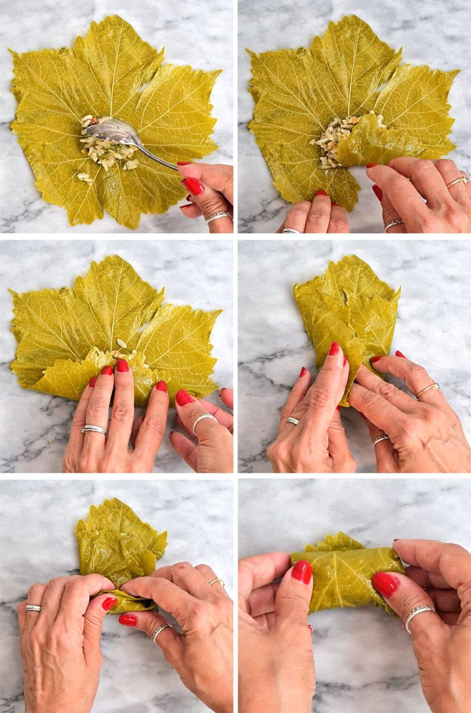 A step-by-step collage showing hands with red nail polish stuffing and rolling grape leaves with a rice mixture on a marble surface, demonstrating how to make stuffed grape leaves (dolma).