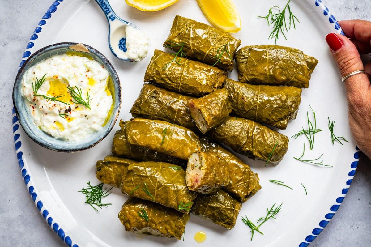 A plate of stuffed grape leaves arranged neatly, garnished with fresh dill, served with a bowl of creamy yogurt sauce and lemon wedges. A hand with red nail polish holds the plate on the right edge.