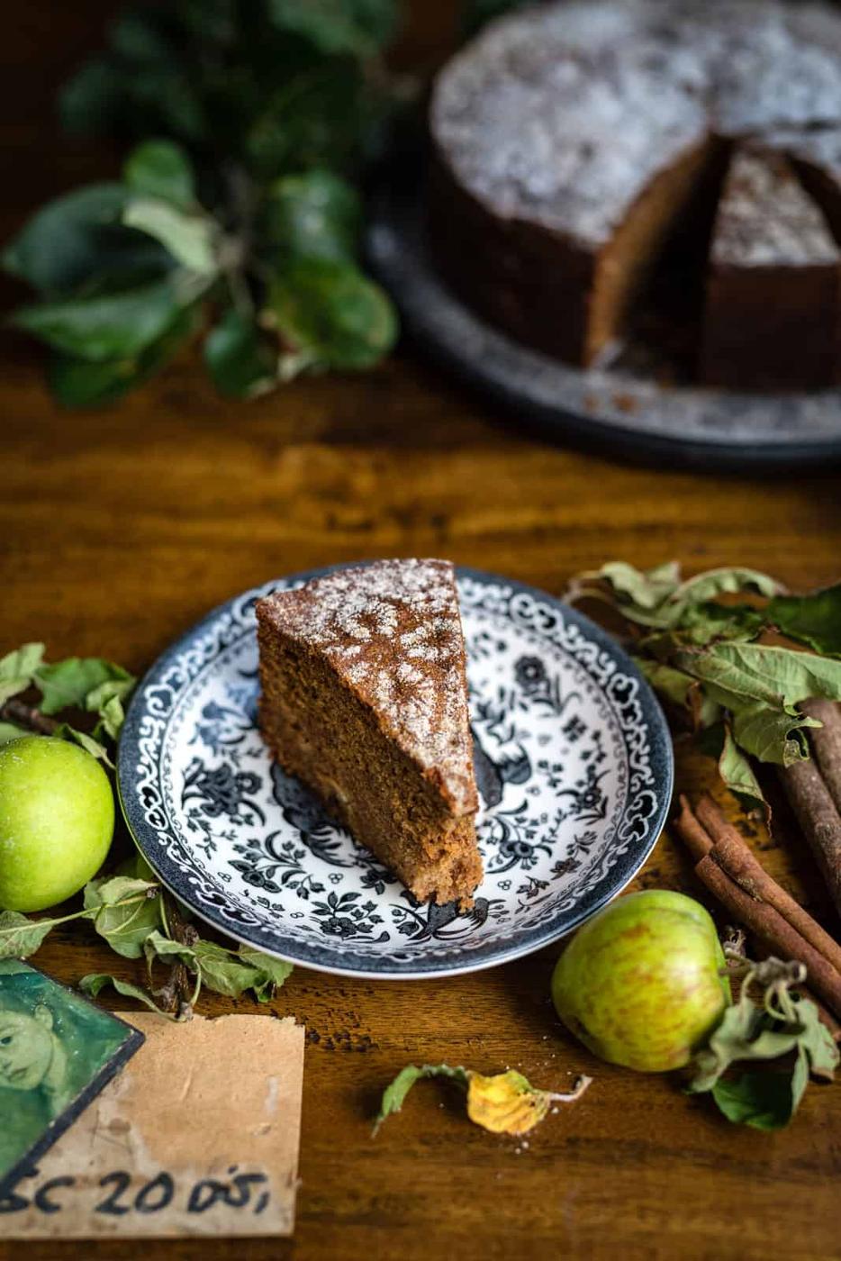 slice of Dorset apple cake on a patterned plate