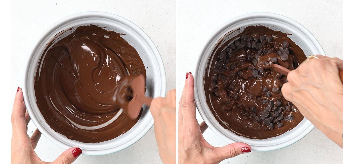 Two side-by-side images show hands stirring melted chocolate in a white bowl on the left, and mixing chocolate chips into the melted chocolate in the same bowl on the right.