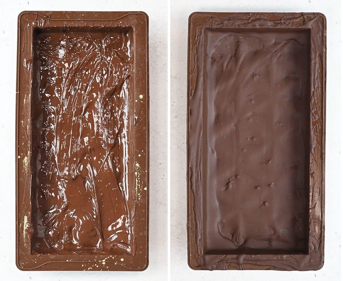 Two rectangular chocolate molds side by side: the left mold is spread melted chocolate, while the right mold shows the set chilled chocolate covered mold