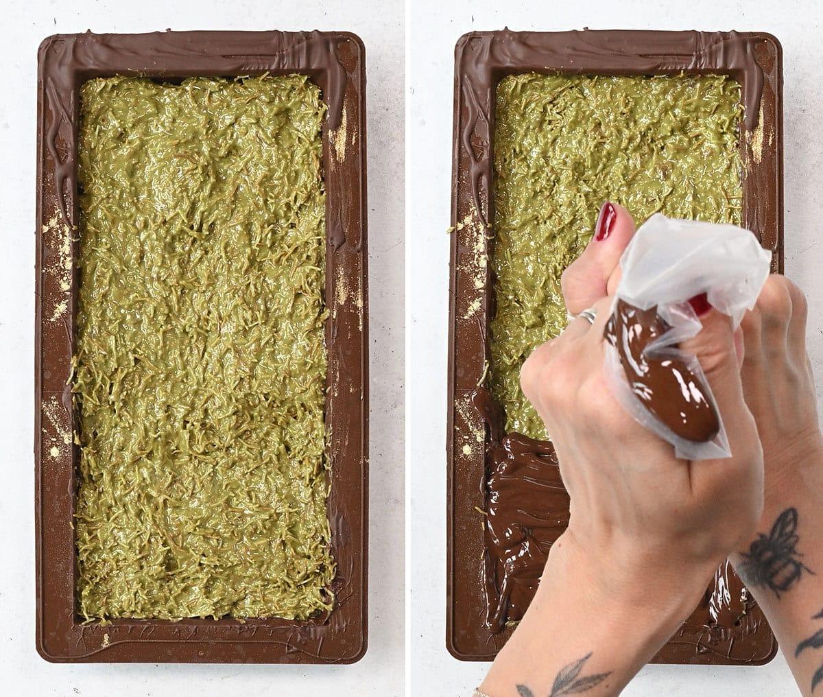 Two images show a rectangular chocolate mold filled with a green, pistachio filling. In the second image, a hand is piping melted chocolate over the mixture to cover it. The person has a tattoo and red-painted nails.