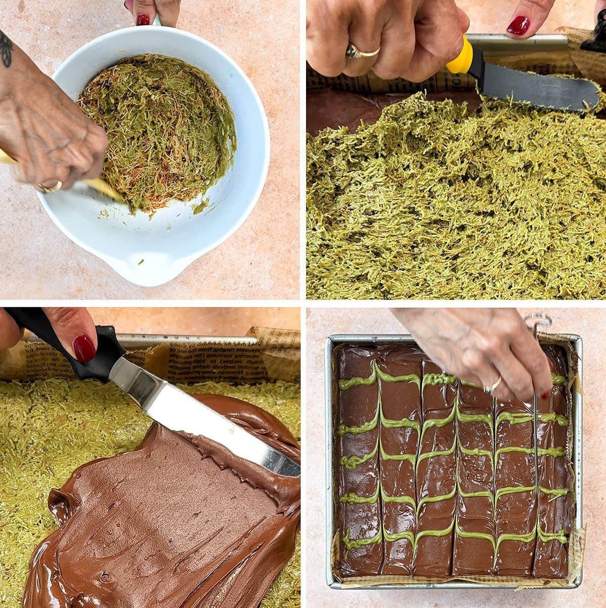 A four-step collage shows hands mixing shredded pastry, spreading it in a pan, adding a chocolate layer, and creating a swirl pattern on top of a dessert with a knife.