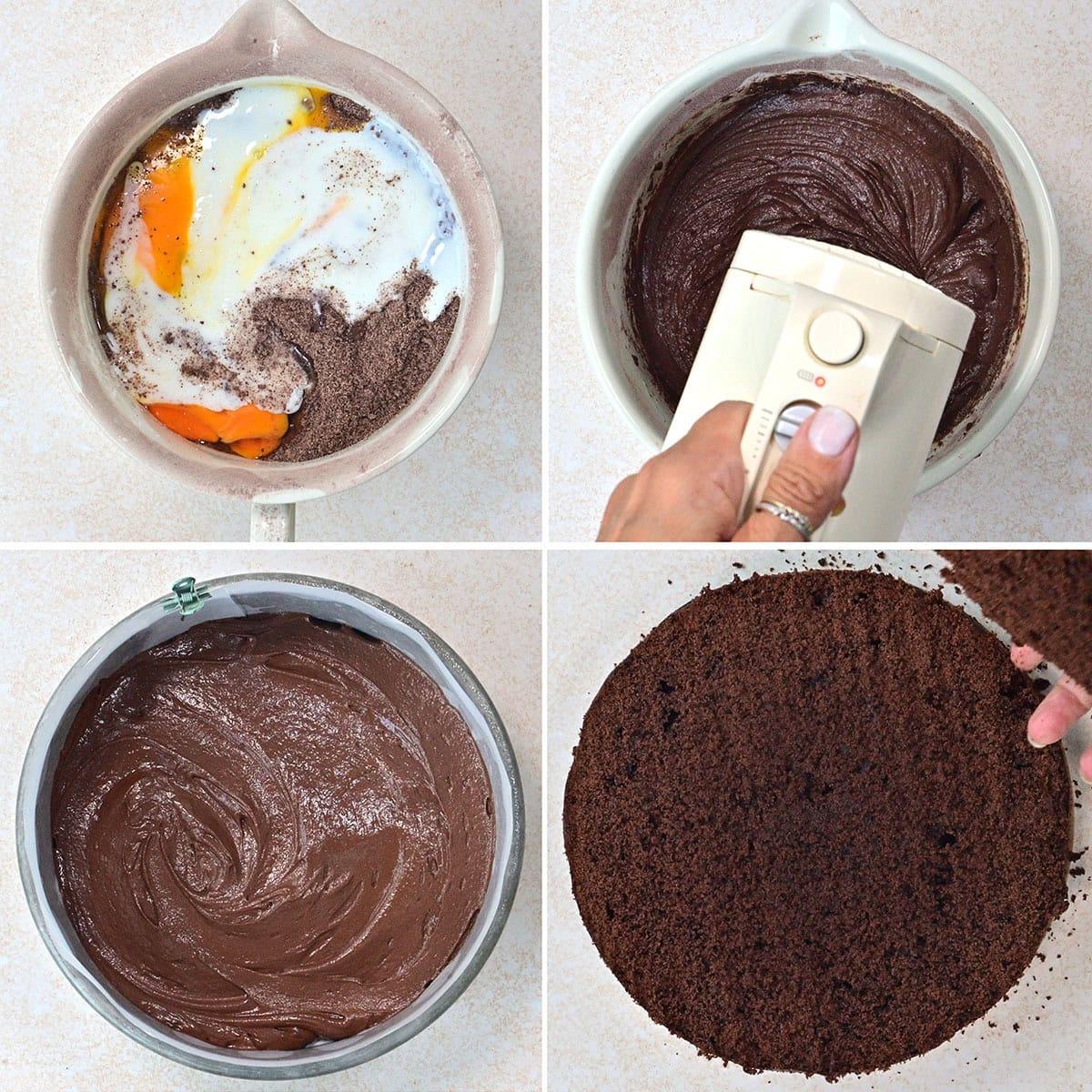 Four-panel image showing chocolate cake batter being made: ingredients in a bowl, mixing with a hand mixer, smooth batter in the bowl, and a baked chocolate cake being removed from the pan.