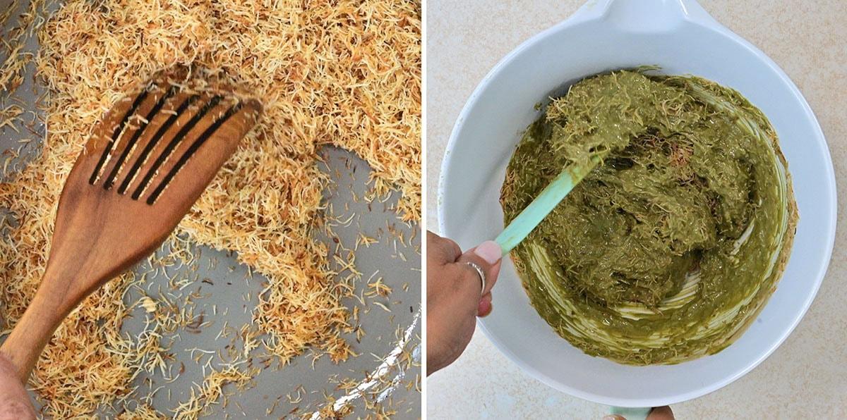 Left: A hand using a wooden spatula to toast vermicelli noodles in a pan. Right: Another hand mixing toasted vermicelli with a green paste in a white bowl using a green spatula.