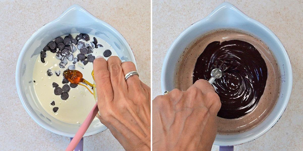 Side-by-side images: On the left, a bowl with cream, chocolate chips, and syrup being stirred. On the right, the mixture is being whisked, now smooth and fully combined into chocolate ganache.