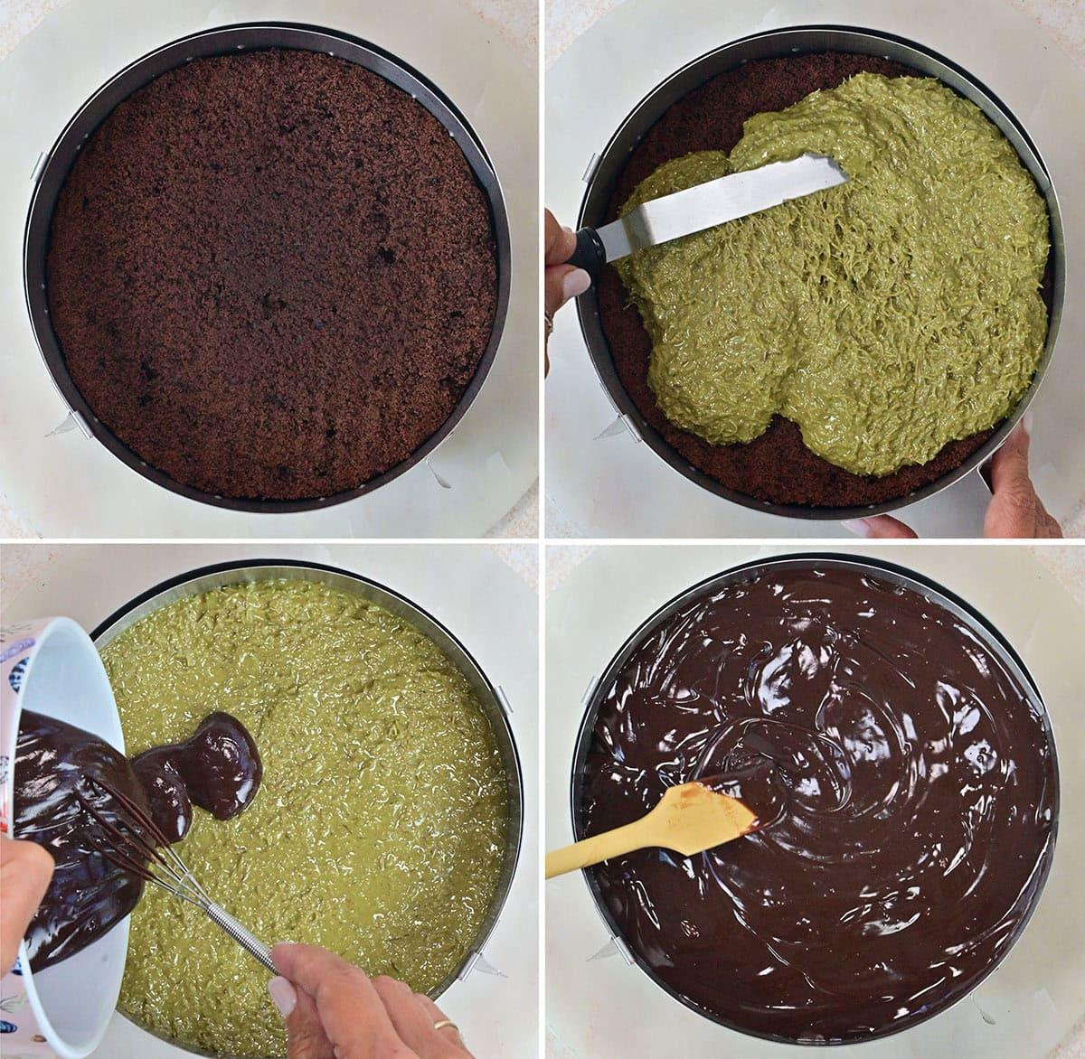 A four-step collage shows assembling a Dubai chocolate bar cake: first, a chocolate cake layer in a pan; second, spreading green filling on top; third, pouring chocolate ganache over the green layer; fourth, smoothing the ganache with a spatula.