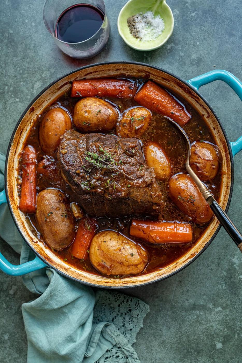 Dutch Oven Roast beef with carrots and potatoes