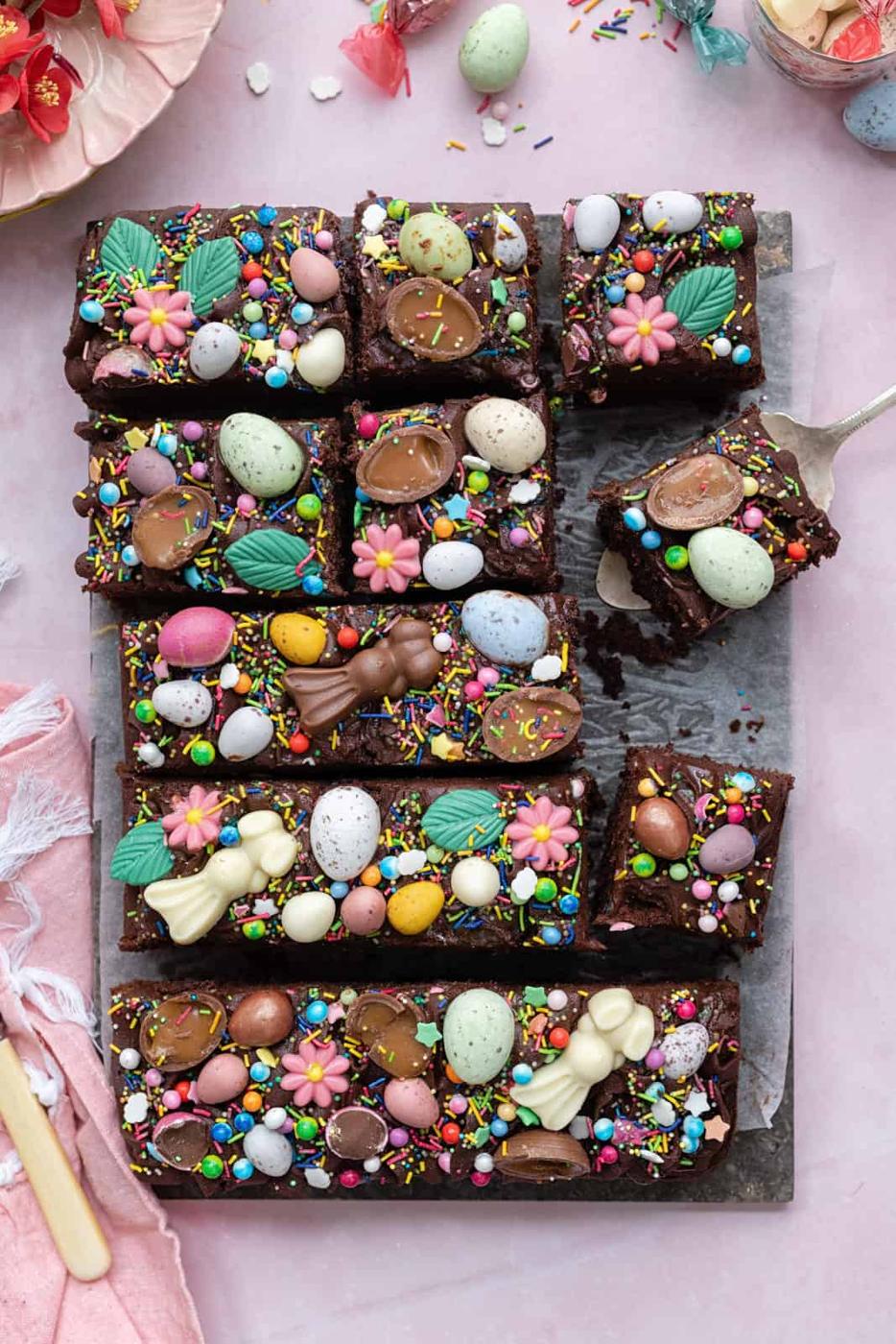 sliced Easter chocolate sheet cake