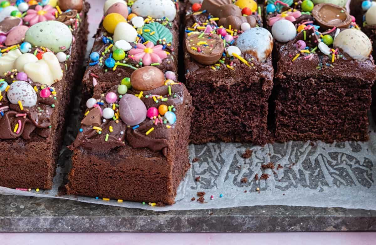 sliced Easter chocolate cake