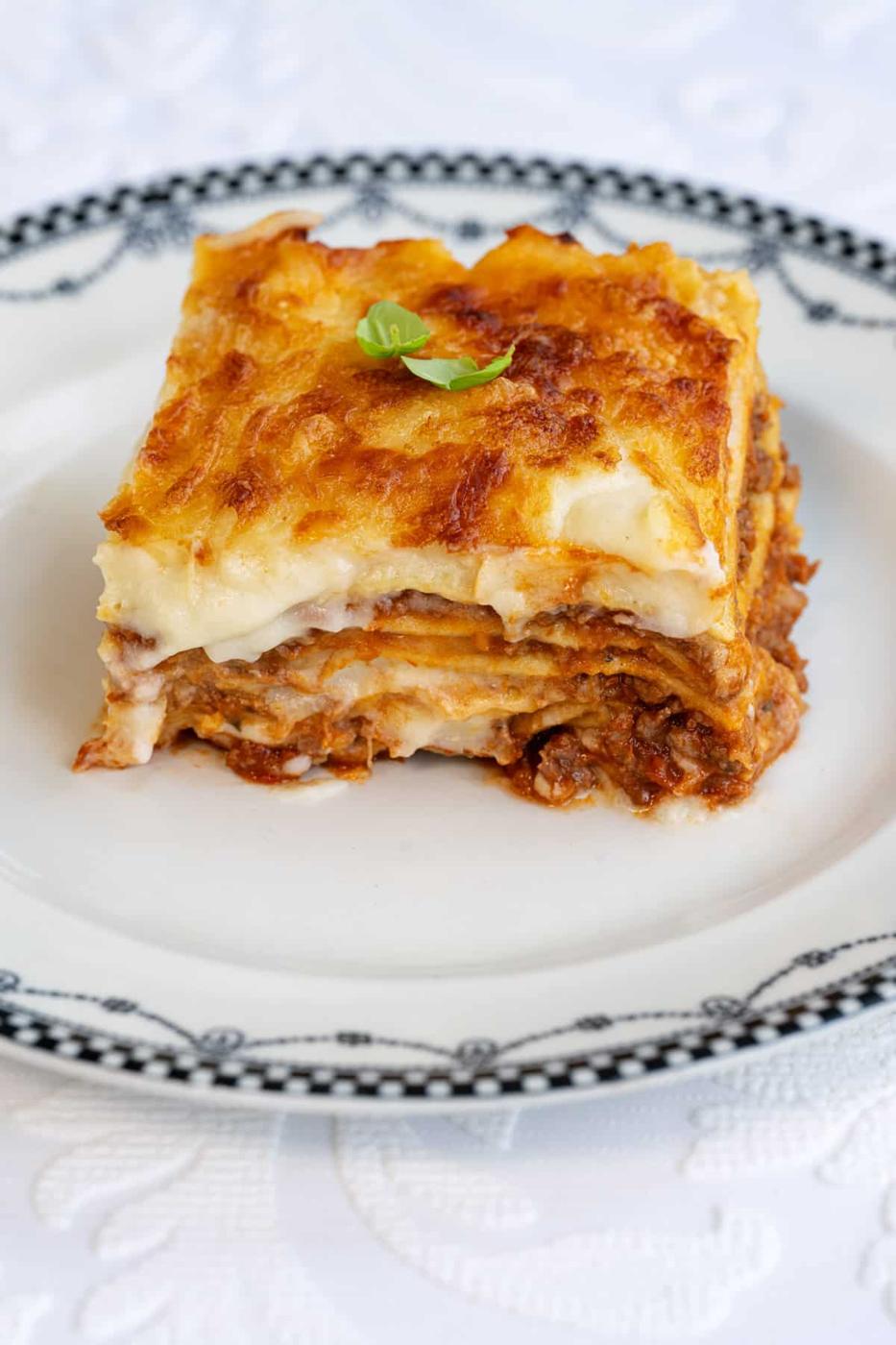 slice of classic meat lasagna cooked in the air fryer