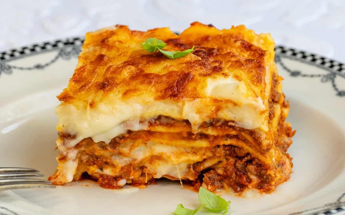 slice of air fryer lasagna on a white plate